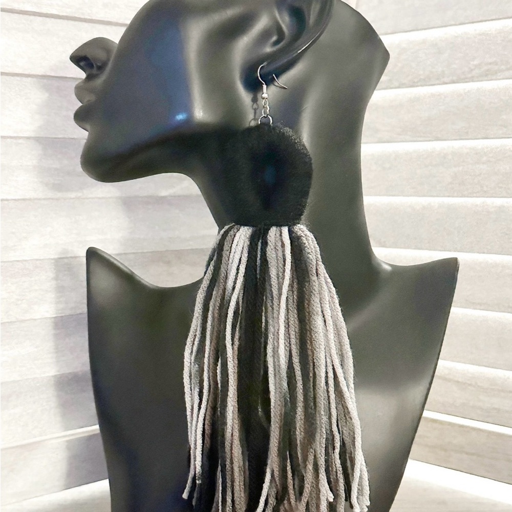 Handmade Black and Gray Tassel Earrings